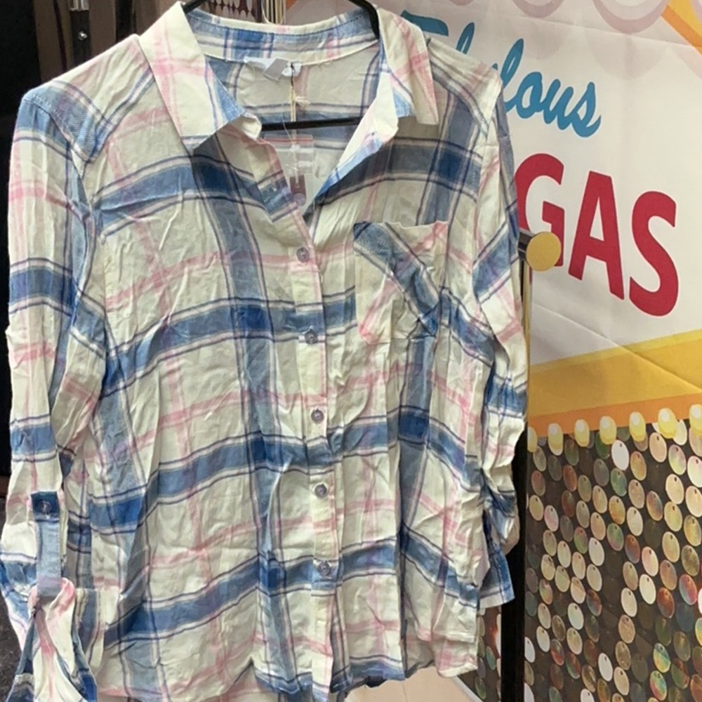 Blue and White Plaid Button Down Shirt Relaxed Fit